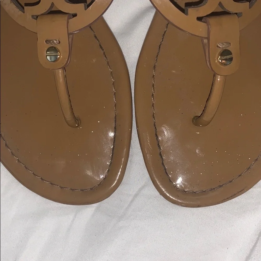 Tory Burch Style Brown Leather Logo Cutout Thong Sandals
